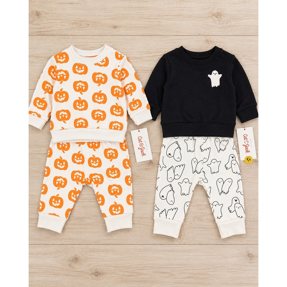 Cat & Jack Baby Halloween Outfit Set Bundle Pumpkin Ghost 0-3M NWT 2-Pack